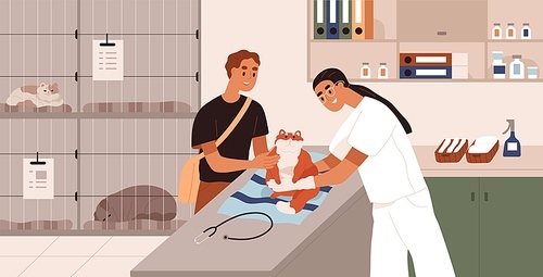Vet doctor examining cat patient on table in veterinarian clinic. Nurse checking pet in animal hospital for inpatients. Owner holding kitten during medical checkup. Colored flat vector illustration.