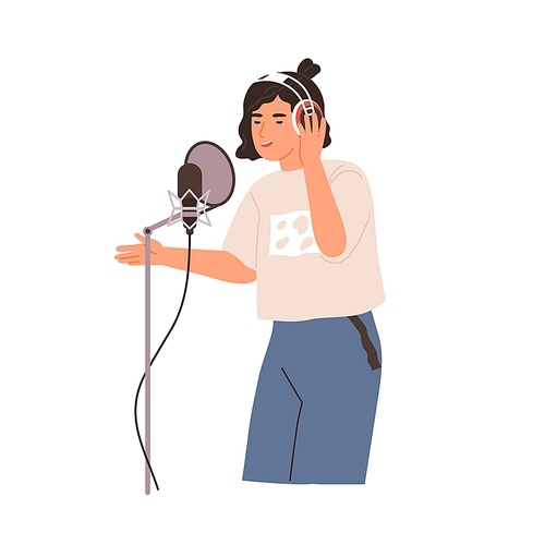 Young singer singing and recording song with professional studio mic and headset. Voice record of modern vocalist. Colored flat vector illustration of pop musician isolated on white .