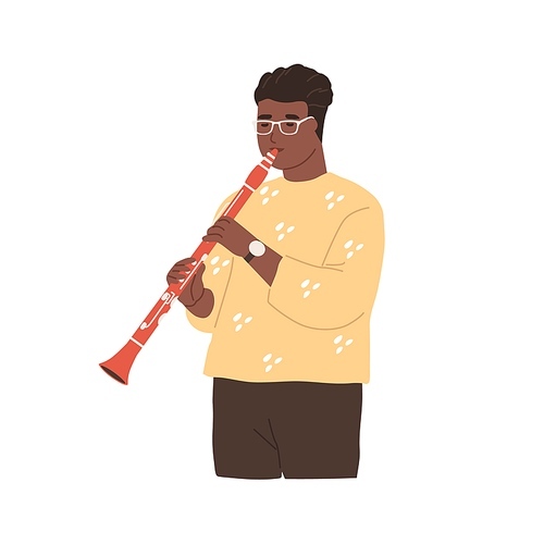 Modern musician playing clarinet. Black-skinned clarinetist performing jazz music on woodwind instrument. Afro-American instrumentalist. Colored flat vector illustration isolated on white .