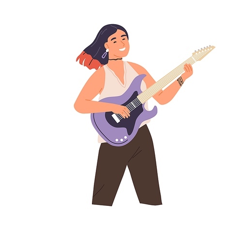 Young modern woman playing rock music on electric guitar. Happy smiling female guitarist. Rocker musician performing on string instrument. Flat vector illustration isolated on white .