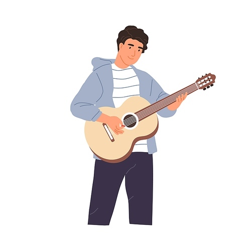 Young musician performing music on acoustic guitar. Happy guitarist standing and playing romantic melody. String instrument player. Colored flat vector illustration isolated on white .