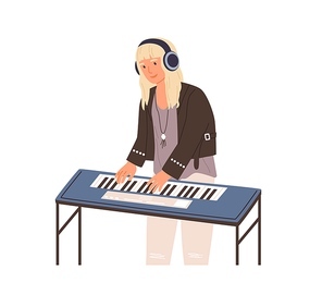 Modern musician standing in headphones and playing synthesizer. Talented piano player performing melody on keyboard music instrument. Colored flat vector illustration isolated on white background.