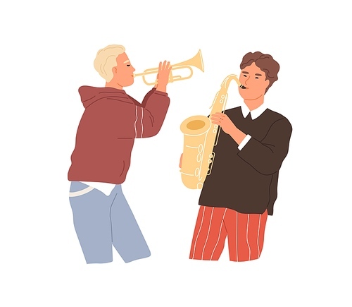 Two musicians playing saxophone and trumpet. Music players performing jazz with brass woodwind instruments. Flat vector illustration of people with sax and saxhorn isolated on white .