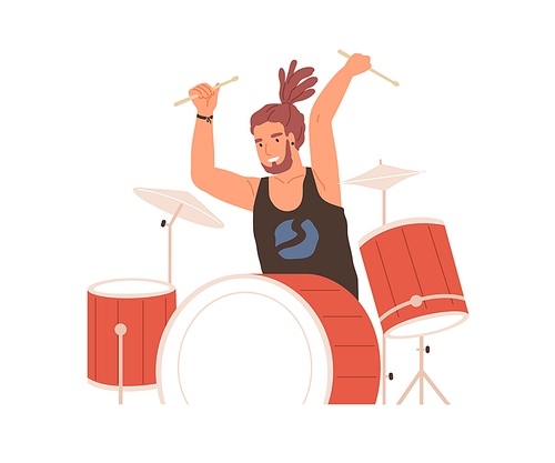 Young drummer playing drums with passion and expression. Excited musician performing rock music. Modern drumer with drumsticks. Colored flat vector illustration isolated on white .
