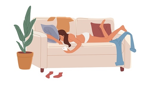 Lazy and depressed young woman lying on couch at home. Sad and apathetic character resting on sofa and surfing internet with mobile phone. Flat vector illustration isolated on white .