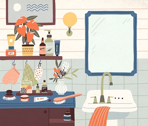 Shelves with toiletries, shampoo bottles, cosmetics and flowers near mirror and washbasin. Cozy bathroom interior with furniture and decoration. Colored flat vector illustration.
