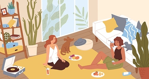Young women sitting on floor and chilling in lounge at home. Female friends relaxing, listening to music, enjoying drinks and food in modern living room interior. Colored flat vector illustration.