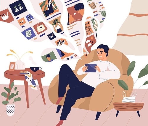 Young man relaxing at home and using tablet PC. Guy surfing internet with smartphone, chatting and shopping online while sitting in armchair in cozy room. Colored flat vector illustration.