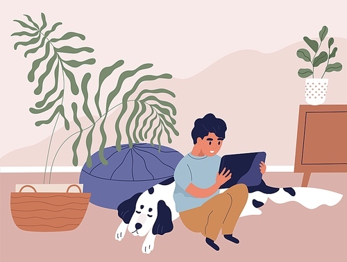 Boy using tablet PC and surfing internet at home. Happy kid sitting on floor in room, holding gadget, looking at screen and playing online games. Colored flat vector illustration.
