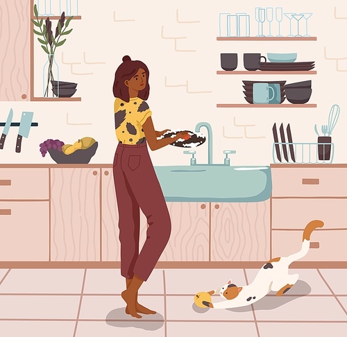 Young woman standing near sink and washing dishes in home kitchen. Daily housework, household chores, domestic lifestyle. Colored flat vector illustration of modern housewife cleaning plates.