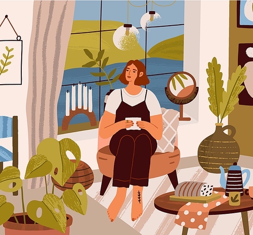 Young woman sitting and relaxing in armchair with letter at cozy home. Female character resting in modern living room. Slow life and time for yourself concept. Colored flat vector illustration.