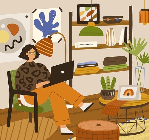 Young person using laptop, sitting in armchair in cozy living room at home. Happy relaxed woman working and studying indoors in modern interior. Colored flat vector illustration of female freelancer.