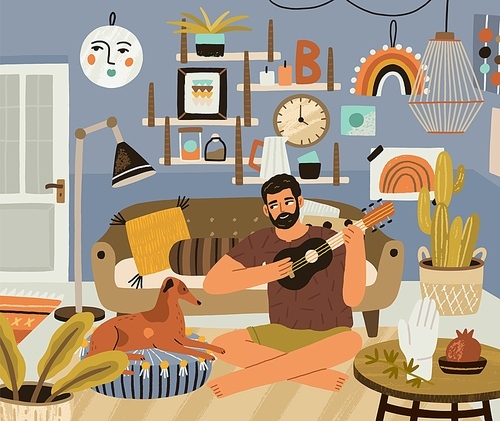 Young man playing music on ukulele, sitting in cozy living room with dog. Guy with small guitar at modern home. Person resting with musical instrument and pet. Colored flat vector illustration.