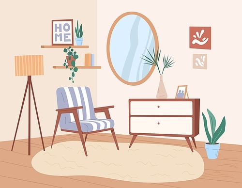 Trendy interior design of living room with retro furniture and decoration. Cozy home furnished with chair, chest of drawers, floor lamp, potted plants and wall mirror. Colored flat vector illustration