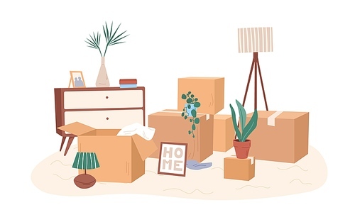 Room with packed cardboard boxes with personal stuff, plants, home decoration and furniture. Relocation concept. Colored flat vector illustration of belongings in packages isolated on white 