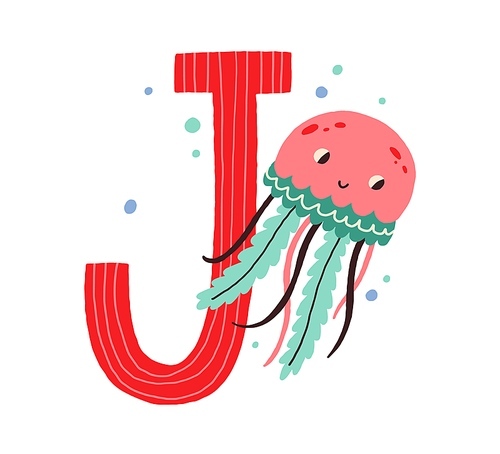 Capital letter J of English childish alphabet with jellyfish. Funny kids font for kindergarten and preschool education. Hand-drawn colored flat vector illustration isolated on white .