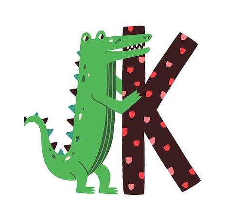 Capital letter K of childish alphabet with animal in scandi style. Kids font with crocodile for kindergarten and preschool education. Colored flat vector illustration isolated on white .