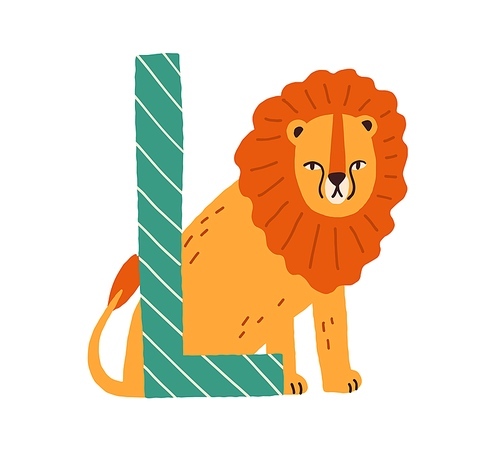 Capital letter L of English childish alphabet with animal in scandi style. Kids font with lion for language learning and children education. Flat vector illustration isolated on white .