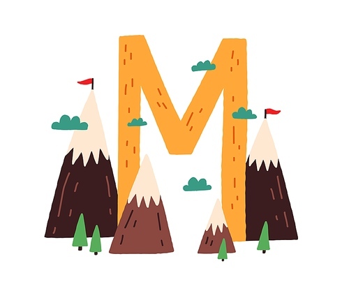 Capital letter M of English childish alphabet with animal in scandi style. Kids font with mountains for kindergarten and preschool education. Flat vector illustration isolated on white .