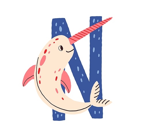 Capital letter N of English childish alphabet with animal in Scandinavian style. Kids font with narwhal for ABC and language learning. Colored flat vector illustration isolated on white .