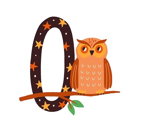 Capital letter O of childish English alphabet with owl in scandi style. Kids font with bird for kindergarten and preschool education. Hand-drawn flat vector illustration isolated on white .