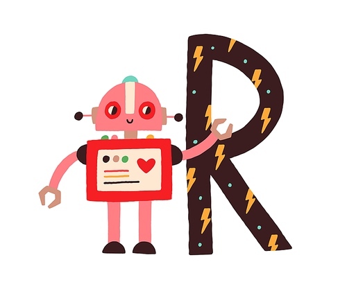 Capital letter R of childish English alphabet with robot. Kids font with cute character for kindergarten and preschool education. Hand-drawn flat vector illustration isolated on white .