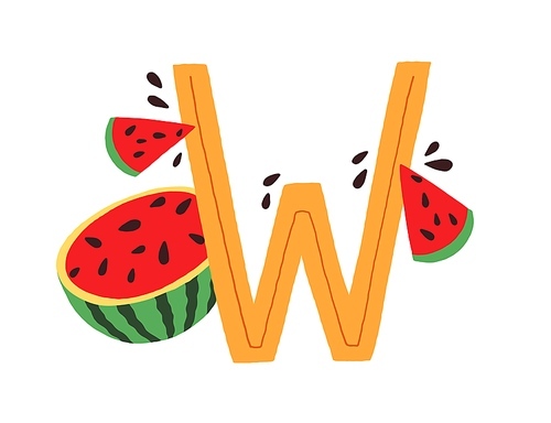 Capital letter W of childish English alphabet with watermelon. Kids font for kindergarten and nursery education of children. Hand-drawn colored flat vector illustration isolated on white .