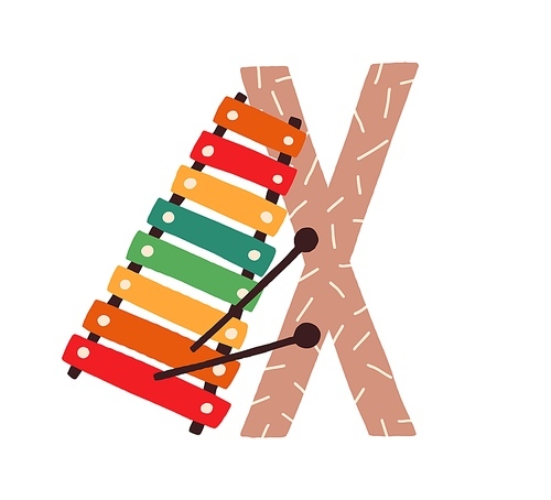 Capital letter X of childish English alphabet with xylophone. Kids font for kindergarten and preschool teaching. Hand-drawn colored flat vector illustration isolated on white .