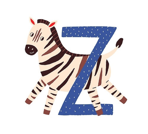 Capital letter Z of childish English alphabet with cute zebra in Scandi style. Kids font with funny animal for language learning. Hand-drawn flat vector illustration isolated on white .