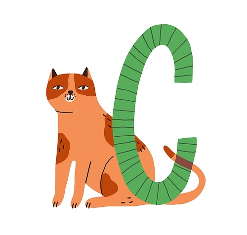 Capital letter C of childish English alphabet with cute cat. Funny kids font with animal for kindergarten and preschool education. Hand-drawn flat vector illustration isolated on white .