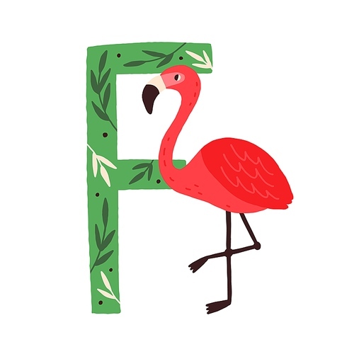 Capital letter F of childish English alphabet with funny flamingo. Scandi kids font with cute bird for children in kindergarten. Hand-drawn flat vector illustration isolated on white .