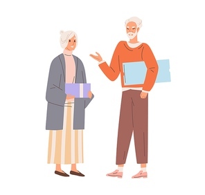 Senior love couple exchanging holiday gifts. Aged man and woman standing with presents. Grandma and granddad presenting giftboxes. Colored flat vector illustration isolated on white .