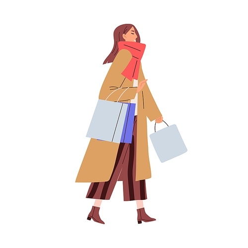 Happy smiling woman walking with bags in hands after good successful shopping. Young modern female going with purchases. Colored flat vector illustration of shopaholic isolated on white .