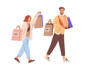 Couple of happy modern man and woman walking together with shopping bags. Young smiling people carrying purchases from sale. Colored flat graphic vector illustration isolated on white .