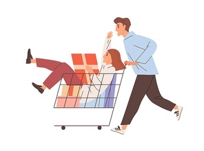 Happy couple having fun with shopping cart. Young man pushing supermarket trolley with holiday gifts and woman sitting in it. Flat vector illustration of funny buyers isolated on white .