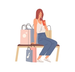 Tired woman resting after summer shopping. Young female sitting on bench with refreshing drink and lot of shop bags around. Colored flat vector illustration of exhausted shopper isolated on white.