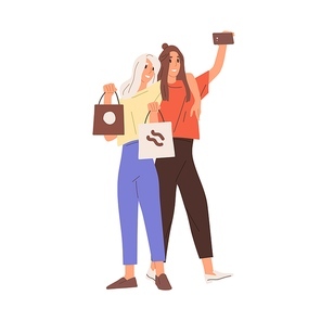 Young happy women with shopping bags taking selfie photo with mobile phone. Smiling hugging girlfriends with smartphone. Flat vector illustration of female friends isolated on white .