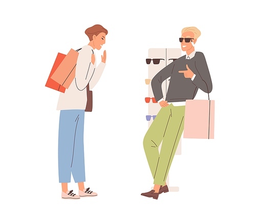Happy people having fun and laughing during shopping. Man joking and fooling while choosing sunglasses together with female friend. Colored flat vector illustration of funny buyers isolated on white.