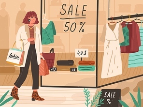 Young happy woman walking in shopping mall, looking at showcases with sale in fashion stores. Trendy lady carrying bags with purchases. Colored flat vector illustration of shopaholic near shop window.