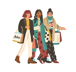 Happy fashionable women walking with shopping bags. Female friends going with clothes purchases. Modern trendy shopaholics strolling together. Flat vector illustration isolated on white .