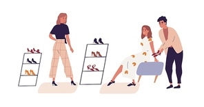 Woman shopping in retail shoe store choosing footwear with help of salesman and personal fashion stylist or consultant. Colored flat cartoon vector illustration isolated on white .