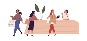 Scene with smiling friendly seller behind store counter and happy women with shopping bags and purchases. Colored flat cartoon vector illustration of vendor and buyers isolated on white .