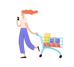 Female faceless person messaging on mobile phone while carrying trolley with shopping bags. Woman with purchases and gifts. Flat vector illustration of young consumer isolated on white.