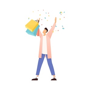 Faceless excited person enjoy shopping. Man holding paper bags with raised hand. Flat vector illustration of young happy male consumer with falling confetti isolated on white.