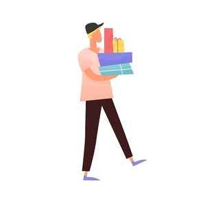 Faceless modern man carrying a pile of gift boxes. Male character holding wrapped holiday presents. Flat vector cartoon illustration isolated on white .