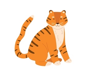 Cute little tiger cub sitting with tail raised up. Baby animal character with smiling friendly muzzle. Colored flat vector illustration of young tigress isolated on white .