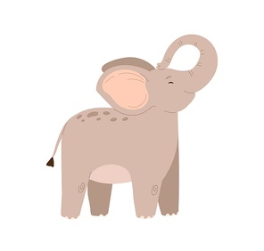 Cute baby elephant standing with trunk raised up. Funny happy animal character. Colored flat vector illustration isolated on white .