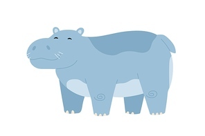Cute baby hippo standing with closed eyes and smile. Funny happy hippopotamus. Colored flat vector illustration of childish character isolated on white .