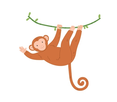 Cute baby monkey hanging on tree branch, swinging and waving with paw. Colored flat vector illustration of smiling and playing animal character isolated on white .