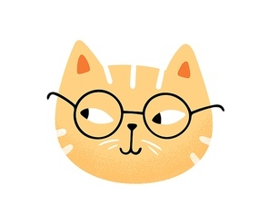 Muzzle of funny cute cat in glasses vector flat illustration. Portrait of clever feline character isolated on white . Avatar of cheerful furry domestic animal. Adorable pet face.